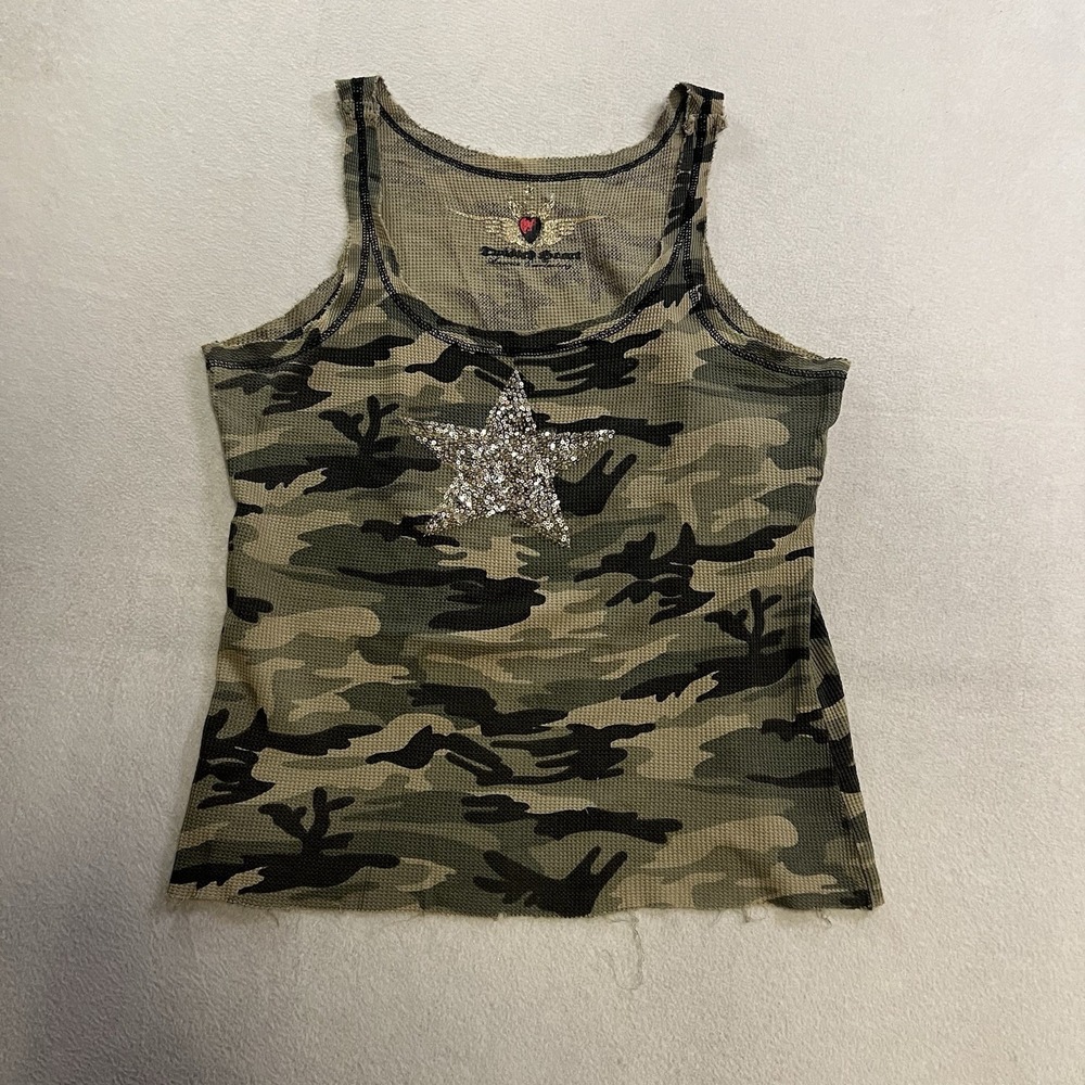 Twisted Heart Sleeveless Tank Top Womens Size Medium Camo Waffle Knit Distress